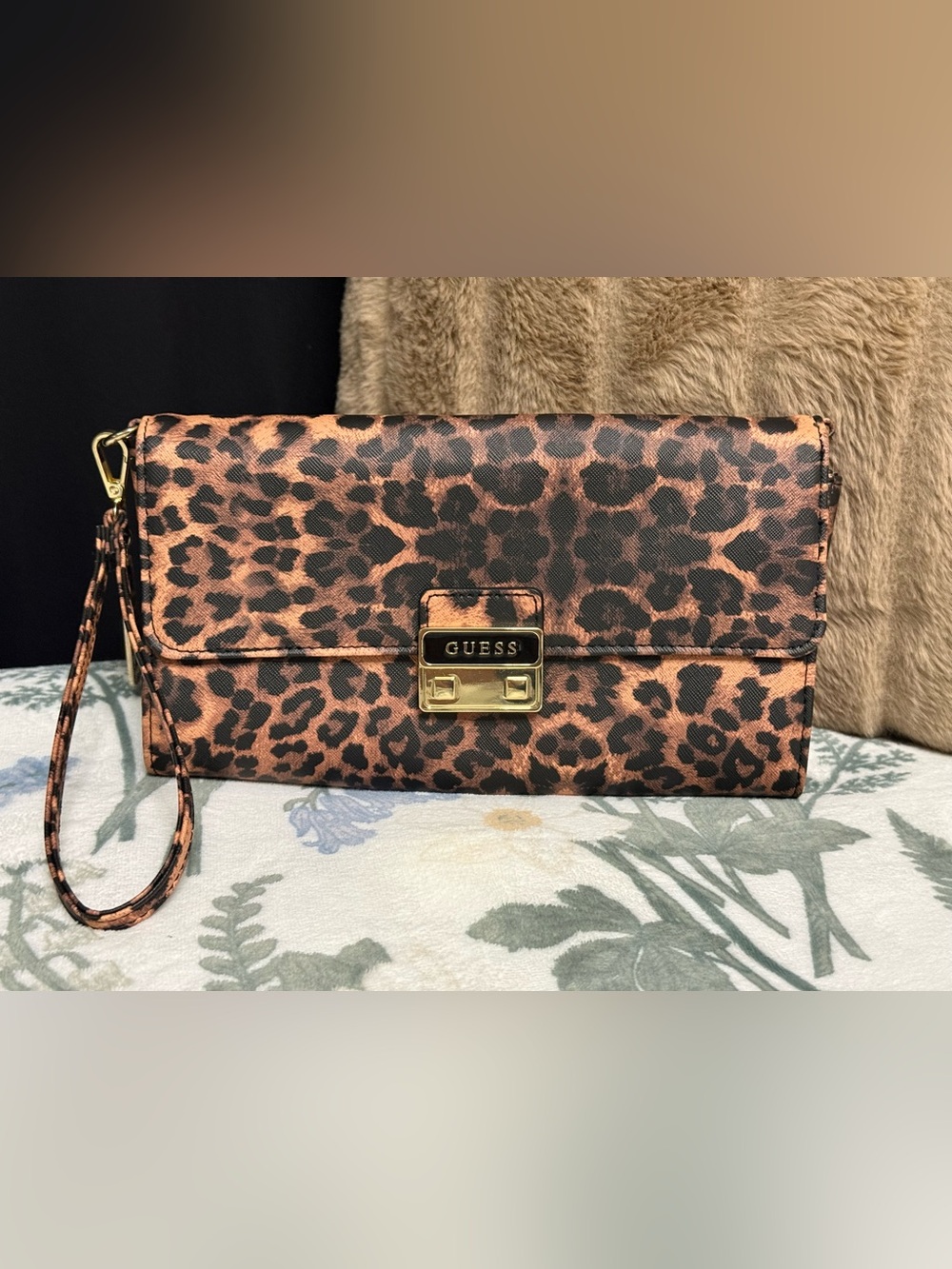 GUESS Leopard-Print Wristlet Clutch in Brown and Black